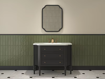 Stylish Black Bathroom Vanity With White Countertop Brass Faucet Oval Mirror And Green Striped Tiles 3d model
