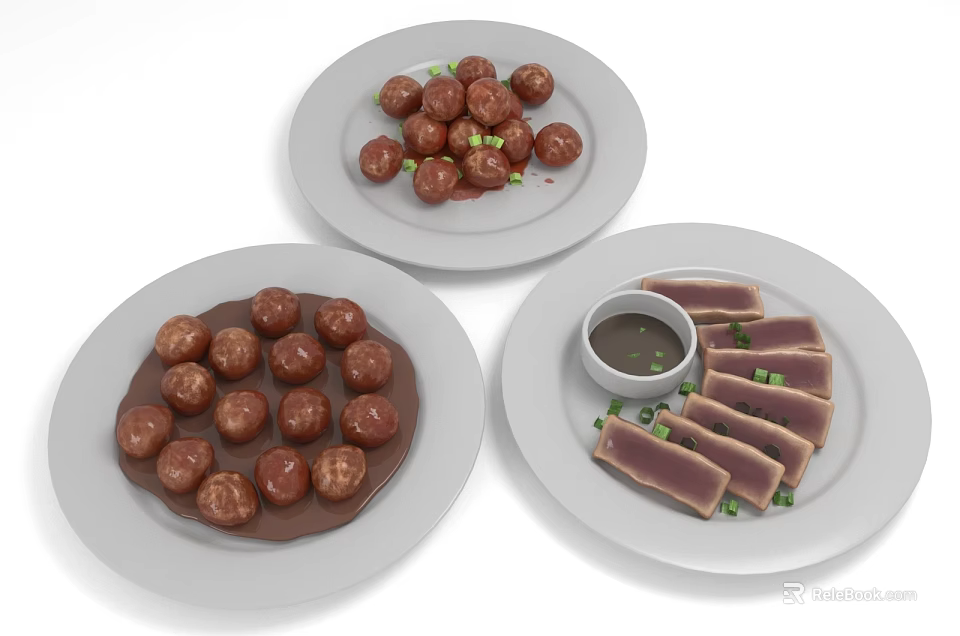 Fresh Appetizing Food Plates With Meatballs Sliced Meat And Dipping Sauce 3d model 