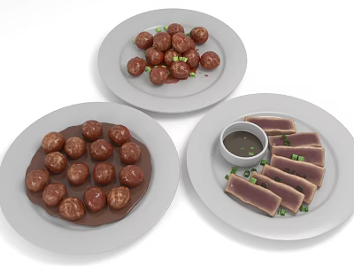 Fresh Appetizing Food Plates With Meatballs Sliced Meat And Dipping Sauce 3d model