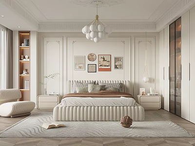 Elegant Modern Bedroom Interior With Upholstered Bed Chandelier Wall Art And Soft Rug 3d model