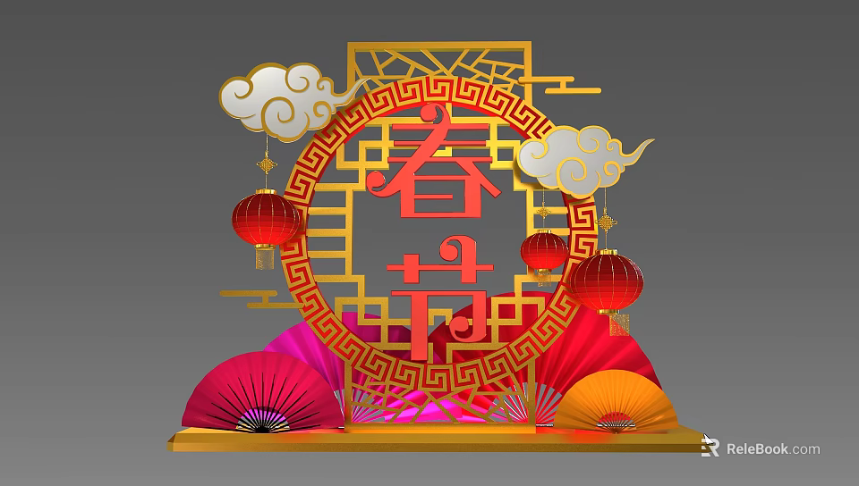 Traditional Chinese Spring Festival Decoration With Golden Frame Red Lanterns And Fans 3d model 