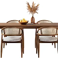 Wooden Dining Table Set With Four Rattan Backrest Chairs Gray Cushions And Fruit Basket