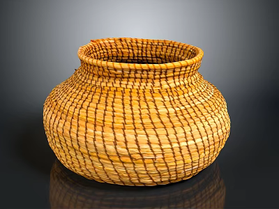 Handmade Woven Basket For Home Storage With Natural Straw And Round Striped Design 3d model