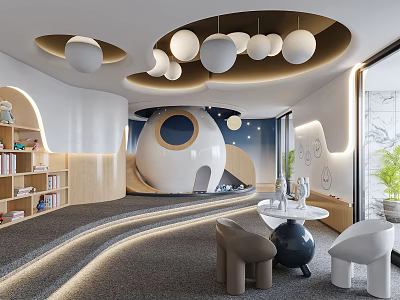 Modern Children's Playroom With Curved Shelves Round Pendant Lights And Egg Shaped Structure 3d model