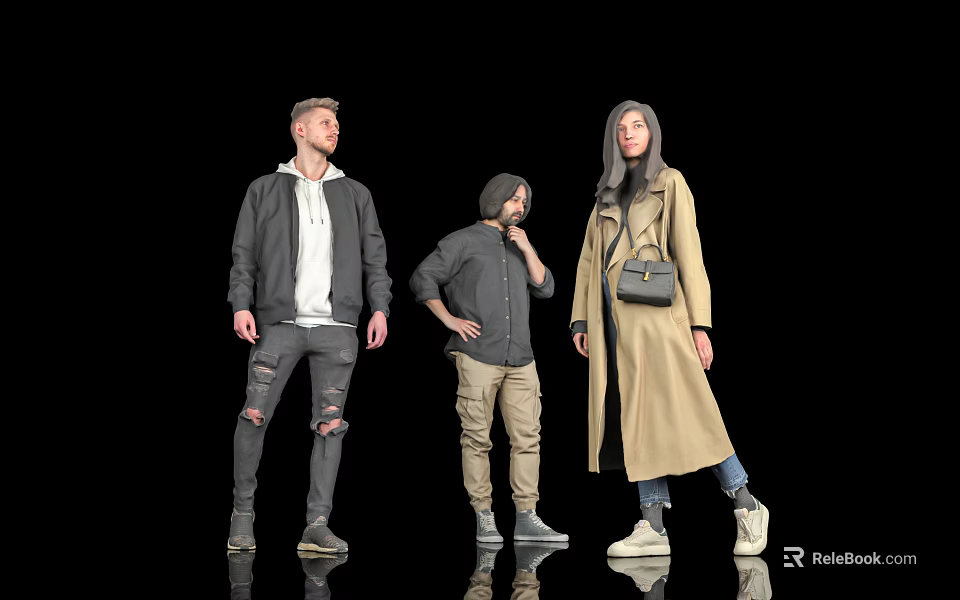 Three People Wearing Ripped Jeans Khaki Pants And Beige Trench Coat Standing On Black Background 3d model 