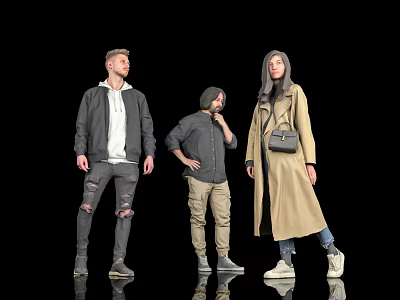 Three People Wearing Ripped Jeans Khaki Pants And Beige Trench Coat Standing On Black Background 3d model