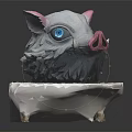 Fantasy Creature Head Sculpture With Gray Fur Pink Ears And Blue Eyes On White Base