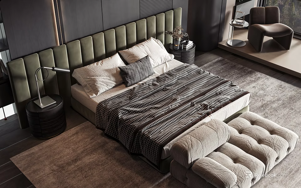 Modern Double Bed With Green Tufted Headboard White Gray Pillows And Beige Bench 3d model 