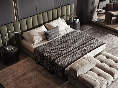 Modern Double Bed With Green Tufted Headboard White Gray Pillows And Beige Bench 3d model