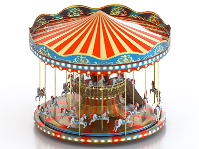 Vintage Carousel With Red White Striped Canopy Blue Decorations Golden Patterns And Horse Figures 3d model
