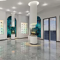 Modern Exhibition Hall With Circular Display Stand And Multi Tiered Glass Shelves