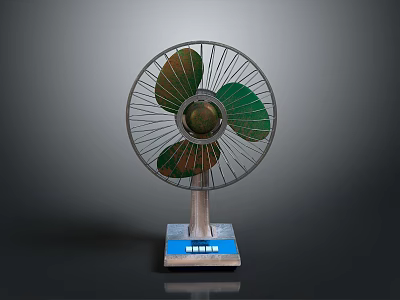 Modern Electric Fan With Metal Grille Green Blades And Blue Base 3d model