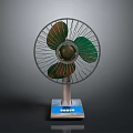 Modern Electric Fan With Metal Grille Green Blades And Blue Base