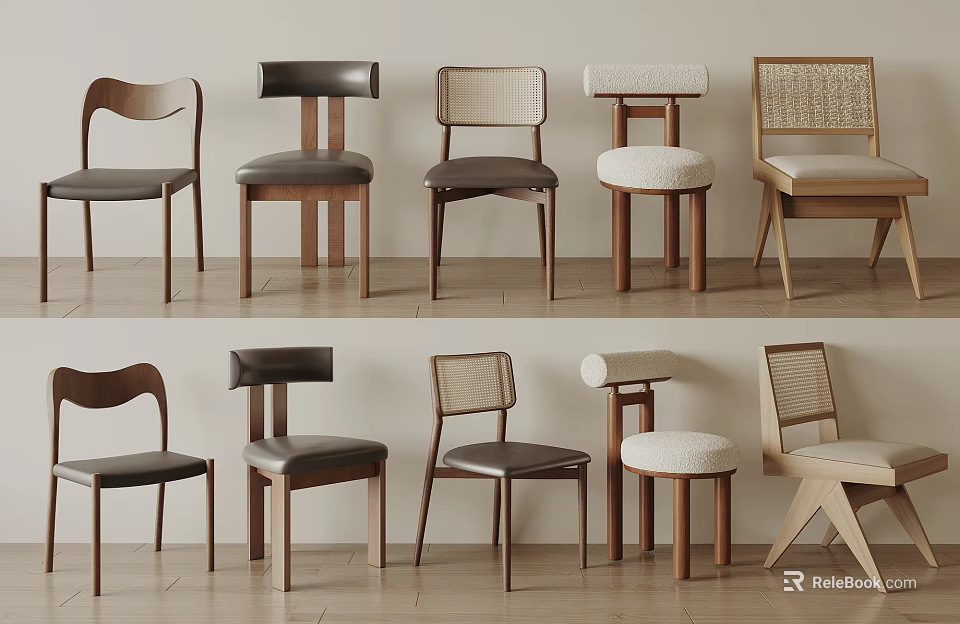 Various Styles of Dining Chairs with Wooden Frames Leather Seats and Rattan Backs 3d model 