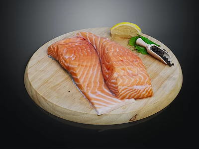 Fresh Salmon Fillets with Lemon Wedge Herbs and Peppercorns on Wooden Cutting Board 3d model