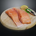 Fresh Salmon Fillets with Lemon Wedge Herbs and Peppercorns on Wooden Cutting Board
