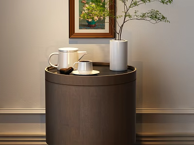Round Wooden Nightstand With White Teapot Cup Vase And Plant Above Framed Painting 3d model