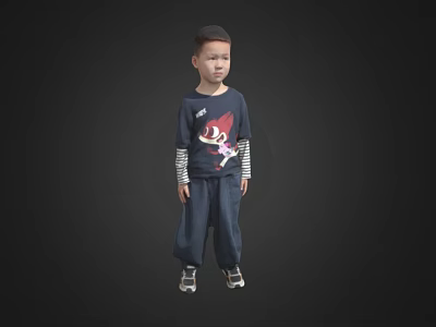 Young Boy Standing In Dark Blue Shirt With Red Graphic And Striped Sleeves 3d model