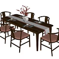 Dark Wood Dining Table Set with Red Cushioned Chairs White Vase and Tableware 3d model