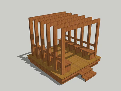 Outdoor Wooden Pergola Design with Columns Beams and Elevated Platform Details 3d model