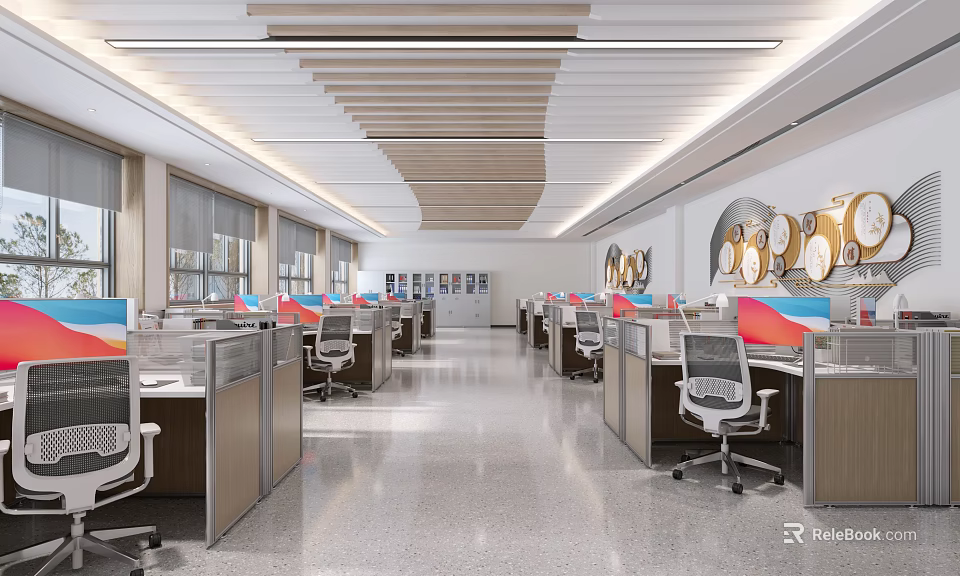 Public Office Space with Modern Workstations Computers Chairs Windows Sleek Ceiling Design and Polished Floors 3d model