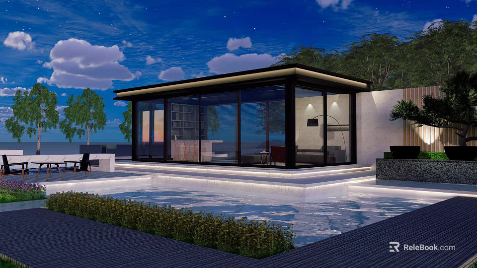 Modern Glass House Exterior with Swimming Pool and Night View Lighting 3d model 