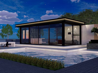 Modern Glass House Exterior with Swimming Pool and Night View Lighting 3d model