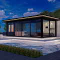 Modern Glass House Exterior with Swimming Pool and Night View Lighting