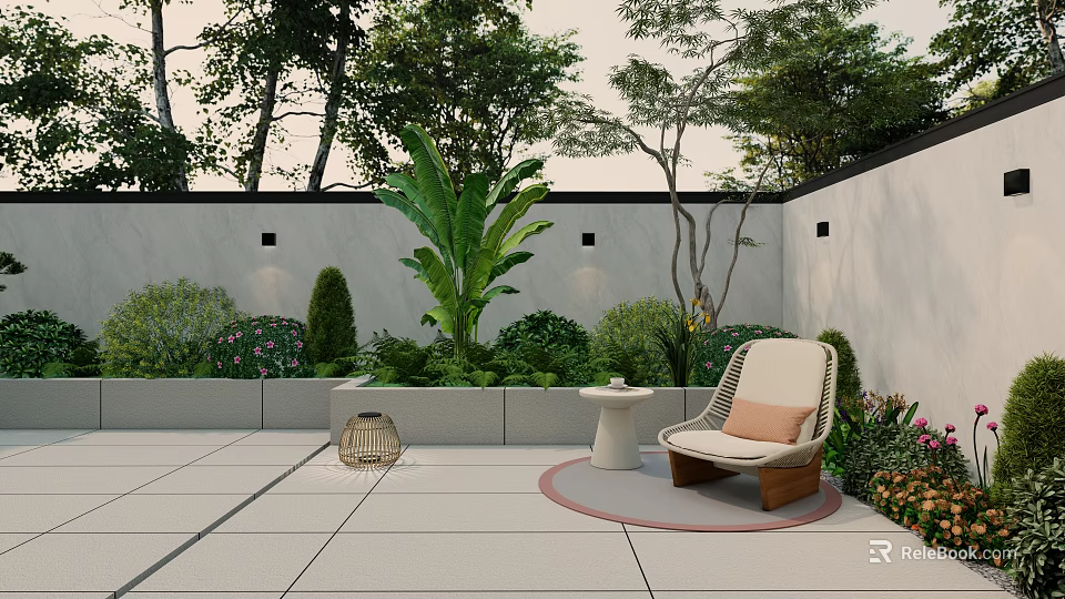 Cozy Patio Lounge Chair with Lush Greenery Side Table and Tile Floor 3d model 