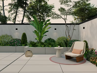 Cozy Patio Lounge Chair with Lush Greenery Side Table and Tile Floor 3d model