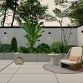 Cozy Patio Lounge Chair with Lush Greenery Side Table and Tile Floor
