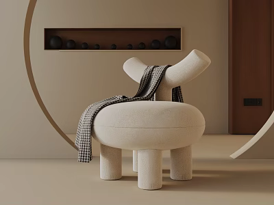 Modern Beige Upholstered Lounge Chair With Curved Back And Checkered Throw Blanket 3d model