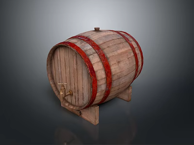 Vintage Wooden Barrel With Red Hoops Metal Tap And Wooden Stand 3d model