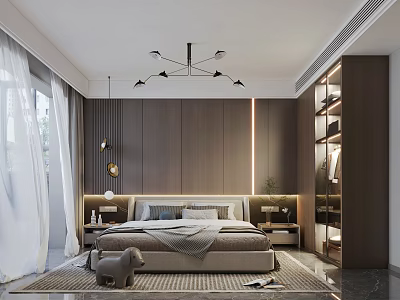 Modern Bedroom Interior Design With King Bed Wooden Wardrobe And Bedside Lamps 3d model
