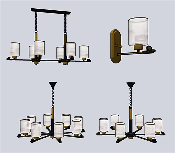 New Chinese-style Lamps Combination Metal Multi-head Chandelier Wall Lamp 3d model