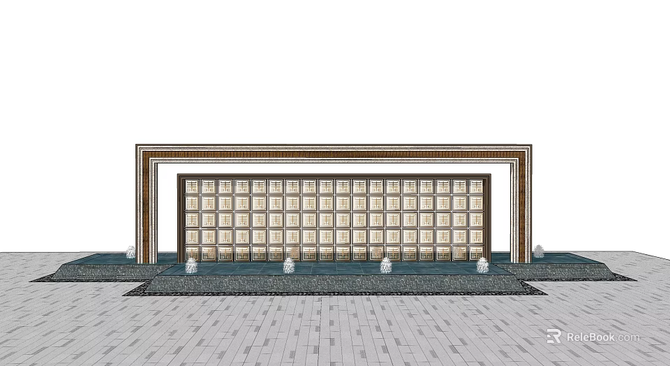 Classic Feature Wall Design With Grid Pattern Frame And Decorative Stone Pillars On Paved Ground 3d model