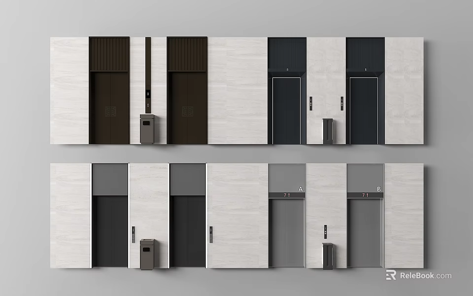 Modern Elevator Hallway Interior With Light Stone Walls Dark Doors And Trash Bins 3d model