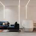 Modern Living Room Interior With Blue Sofa Coffee Table Bookshelves Staircase And Wall Art