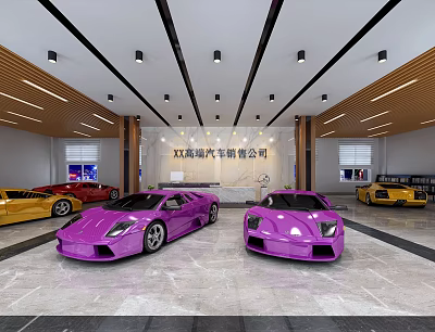 4S Car Dealership Showcasing Luxury Purple Yellow Red Sports Cars in Spacious Showroom 3d model
