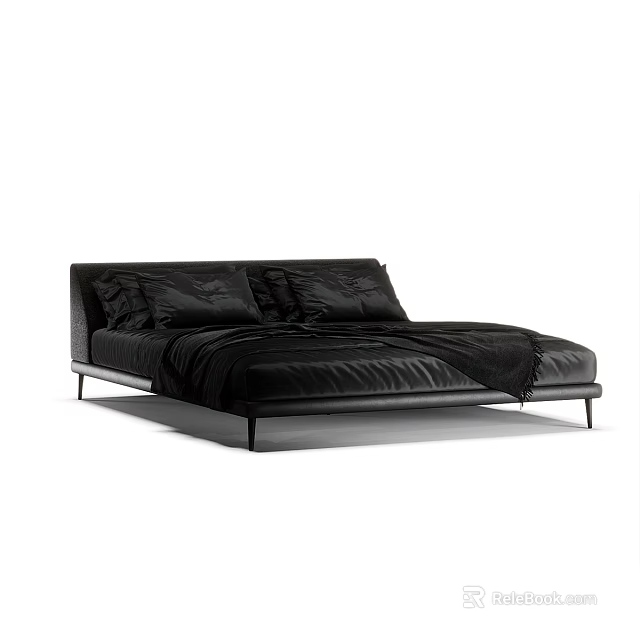 Modern Black Double Bed With Leather Headboard Slim Metal Legs And Satin Bedspread 3d model 
