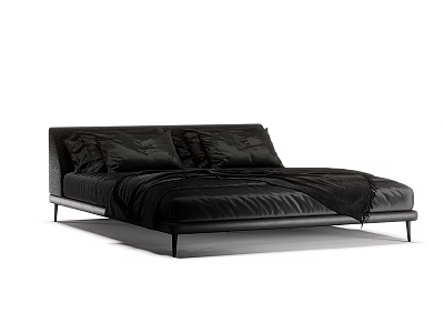 Modern Black Double Bed With Leather Headboard Slim Metal Legs And Satin Bedspread 3d model