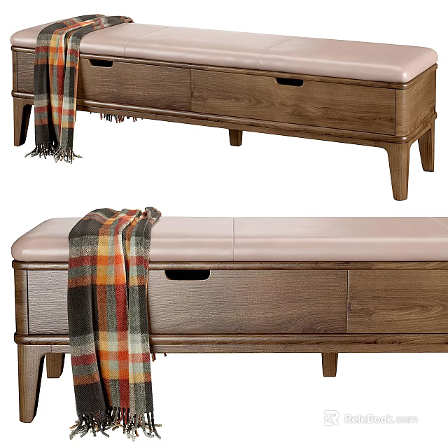 Wooden Ottoman With Storage Drawers And Upholstered Seat Featuring Plaid Blanket 3d model 