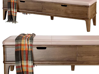 Wooden Ottoman With Storage Drawers And Upholstered Seat Featuring Plaid Blanket 3d model