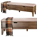 Wooden Ottoman With Storage Drawers And Upholstered Seat Featuring Plaid Blanket