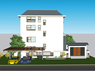 Modern White Three Story Detached Villa With Dark Roof Pergola Parked Cars And Green Lawn 3d model