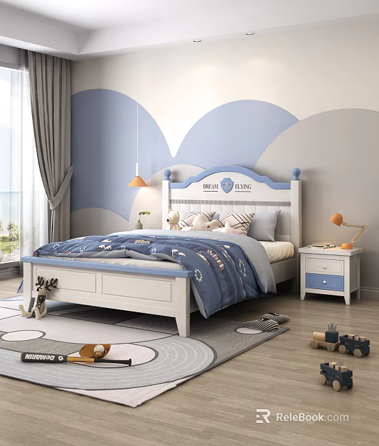 Kids Bed with Blue White Headboard DREAM PRINCE Design Blue Bedding Side Table Wavy Wall 3d model 