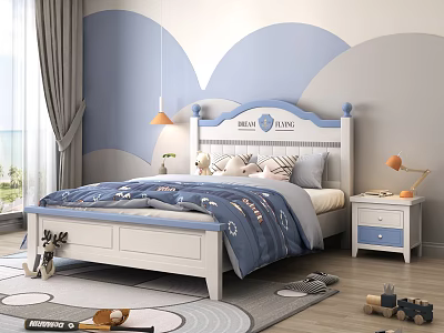 Kids Bed with Blue White Headboard DREAM PRINCE Design Blue Bedding Side Table Wavy Wall 3d model