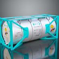 Industrial Silver Cylindrical Tank With Blue Support Frame And Safety Warning Labels