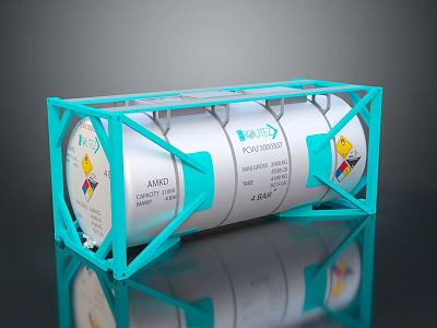 Industrial Silver Cylindrical Tank With Blue Support Frame And Safety Warning Labels 3d model