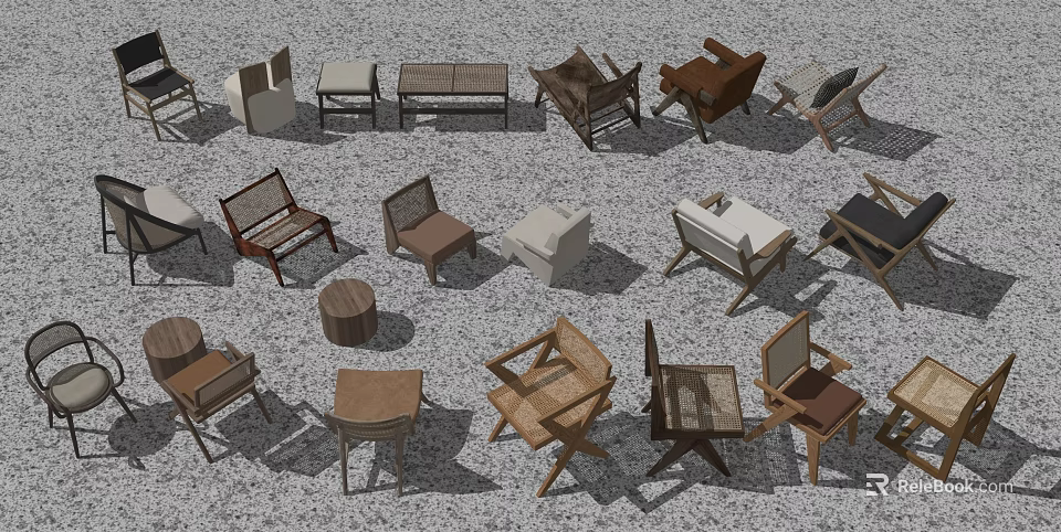 Stylish Lounge Chairs In Various Styles With Wooden Rattan And Side Tables On Gray Floor 3d model 